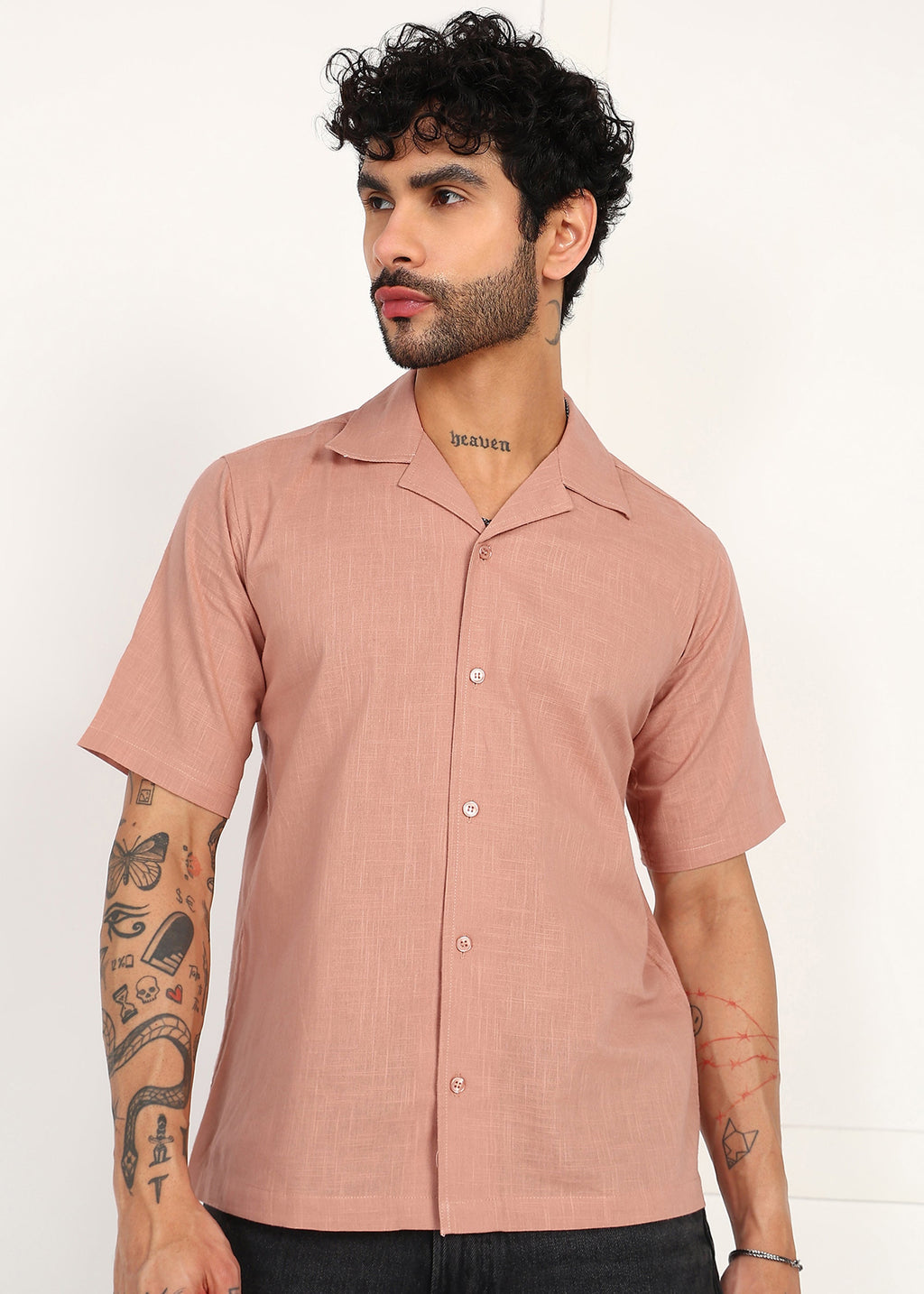 Men’s Peach Linen Short-Sleeve Shirt