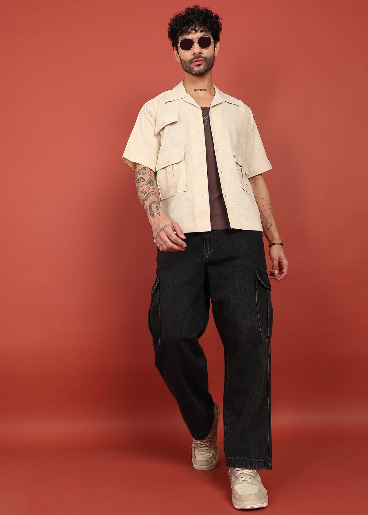 Men’s Cream Shirt with 3 Pockets – Relaxed Fit