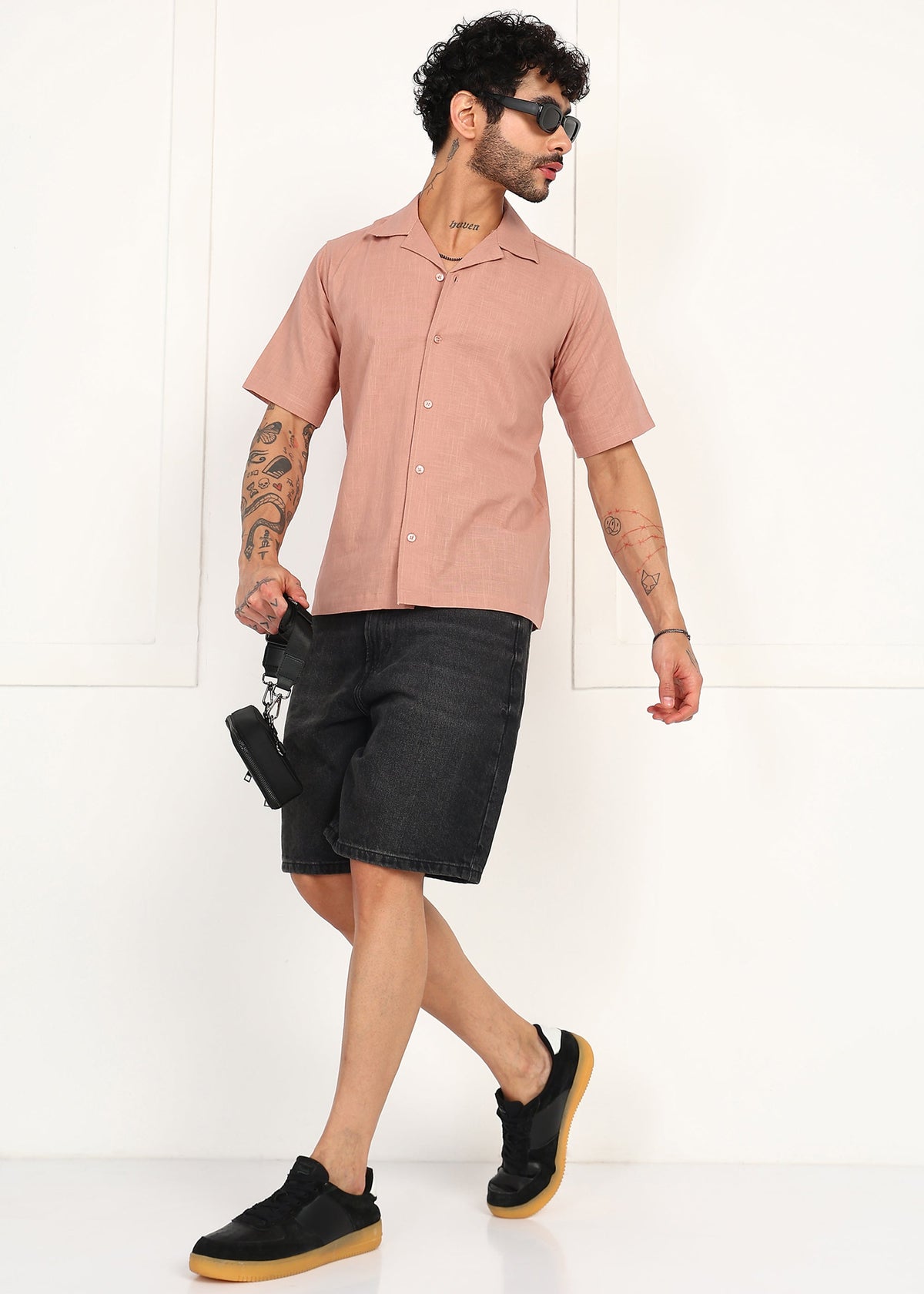 Men’s Peach Linen Short-Sleeve Shirt