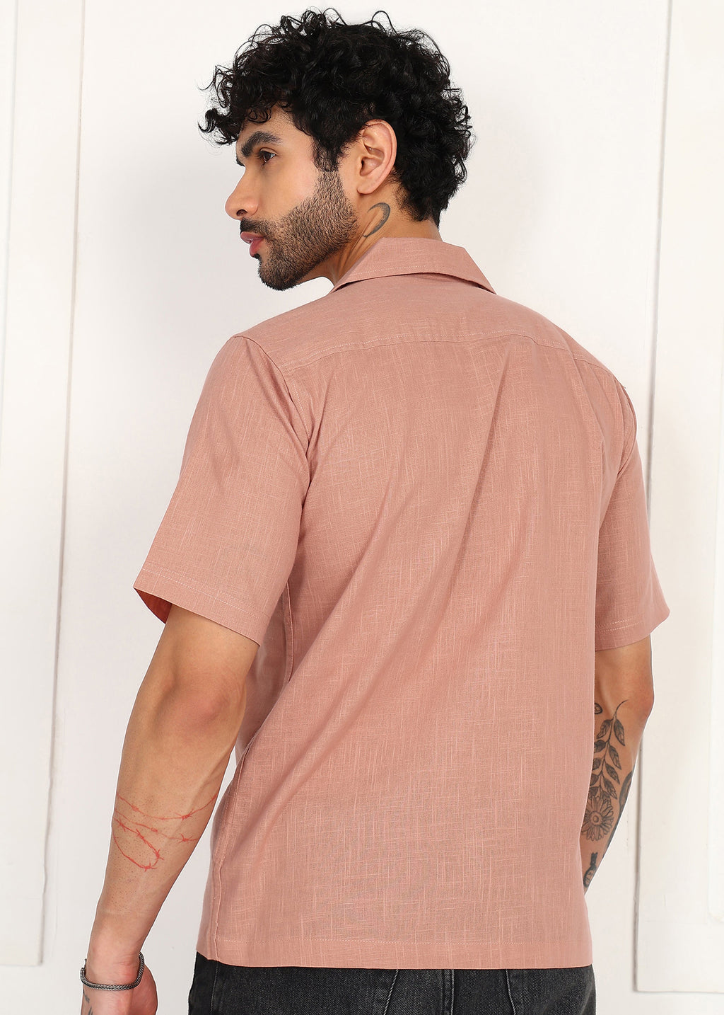 Men’s Peach Linen Short-Sleeve Shirt