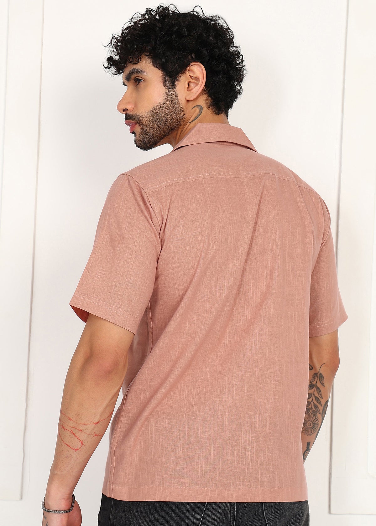 Men’s Peach Linen Short-Sleeve Shirt
