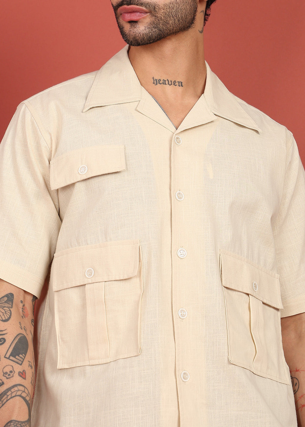Men’s Cream Shirt with 3 Pockets – Relaxed Fit