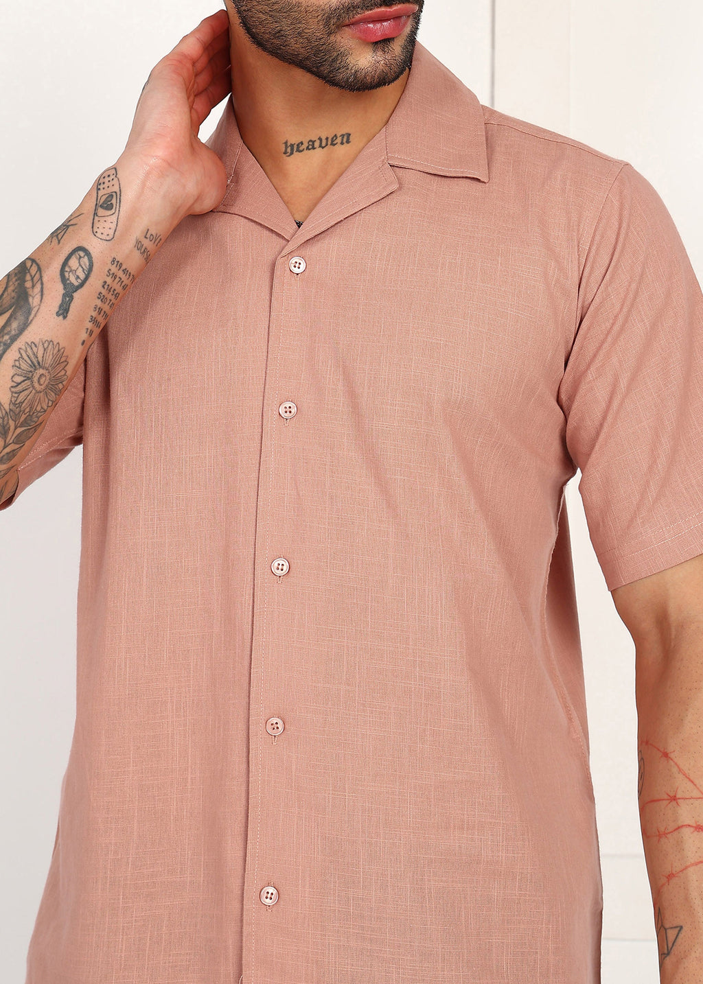 Men’s Peach Linen Short-Sleeve Shirt